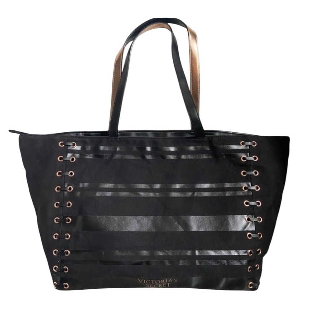 VS Lace up corset black Tote Bag Purse with Stripe Detail and Rose Gold Grommets